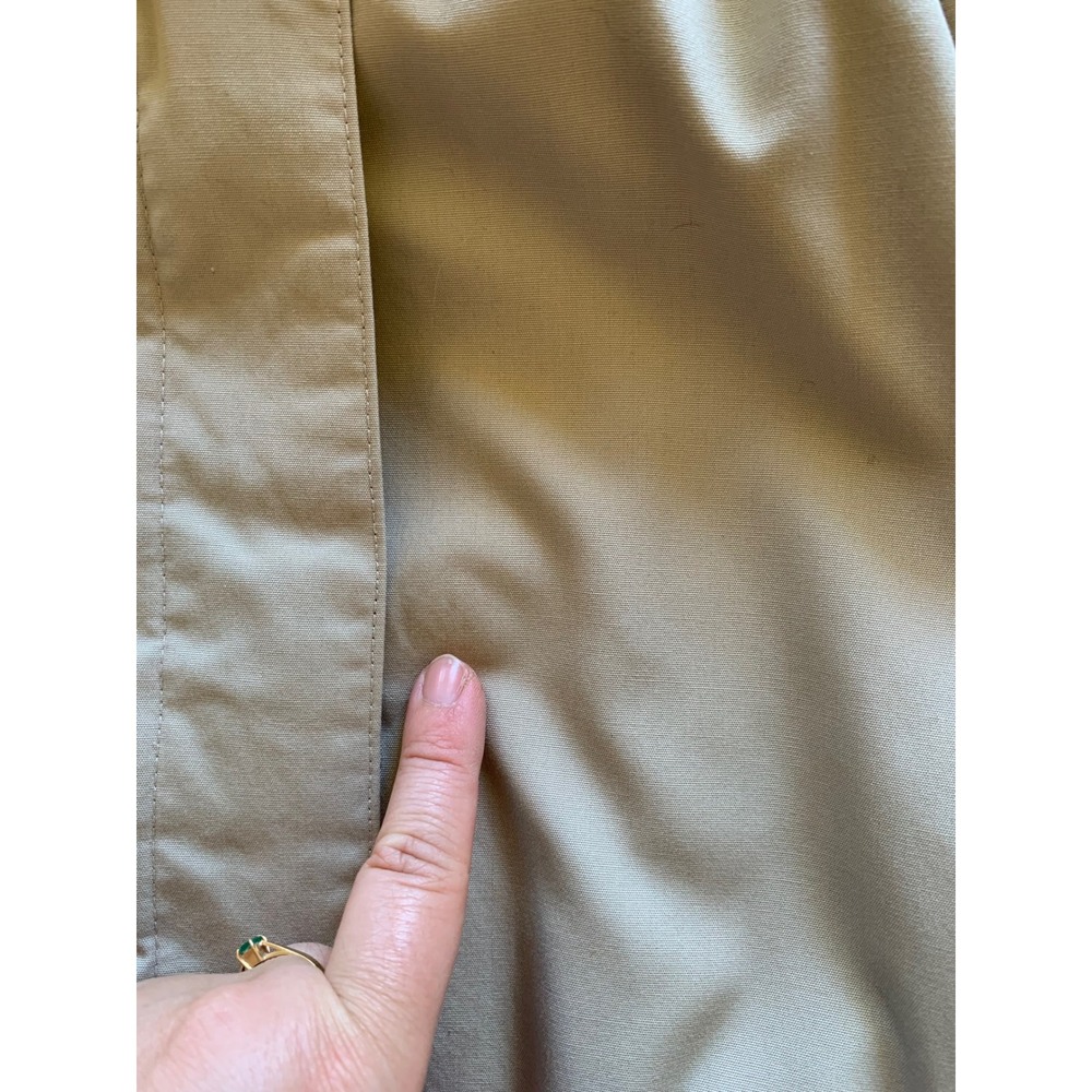 Vintage 80s Beige Trench Coat Green Accents & Hood Size 14 Duster Length Belt - Picture 6 of 12